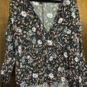 Lane Bryant Black Floral Wrap Blouse